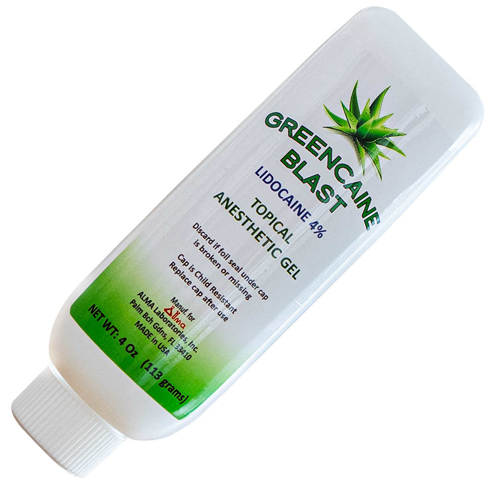 GREENCAINE™ BLAST numbing cream professional grade topical anesthetic lidocaine gel, for the temporary relief of pain and itching, associated with minor skin irritations, minor cuts, minor burns, scrapes or insect bites.