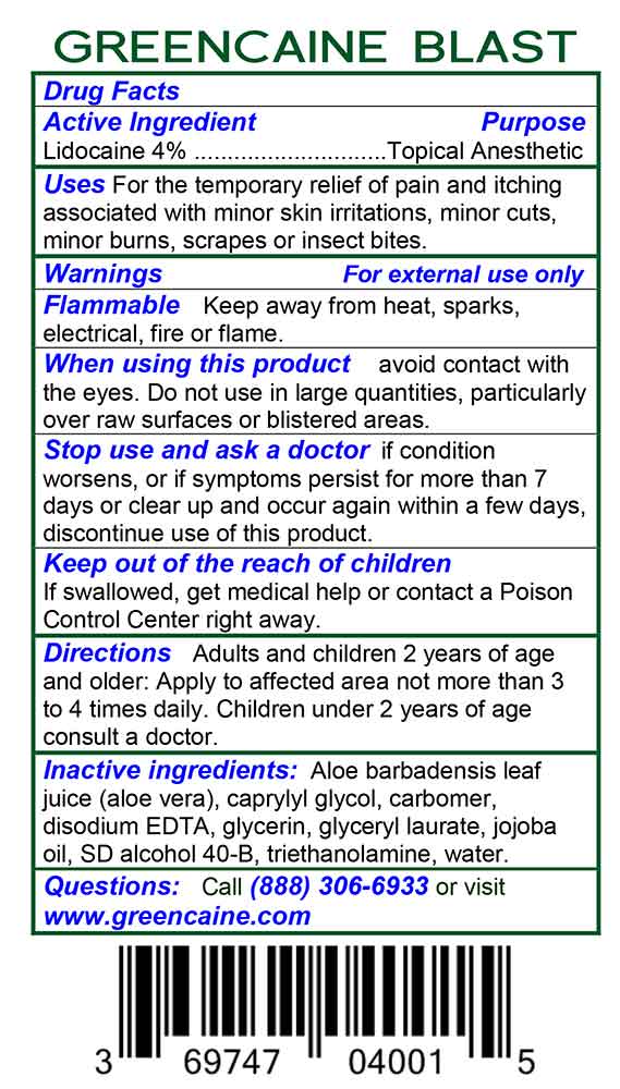 GREENCAINE® BLAST Numbing Cream Professional Grade Topical Anesthetic Lidocaine 4% gel, OTC drug for the temporary relief of pain and itching of minor skin irritations, minor cuts, minor burns, scrapes or insect bites.