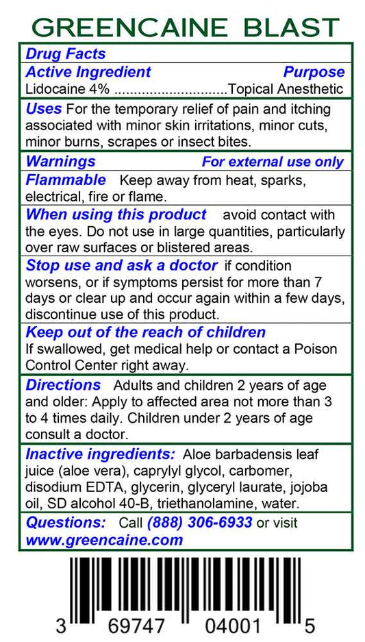 GREENCAINE® BLAST Numbing Cream Professional Grade Topical Anesthetic Lidocaine 4% gel, OTC drug for the temporary relief of pain and itching of minor skin irritations, minor cuts, minor burns, scrapes or insect bites.