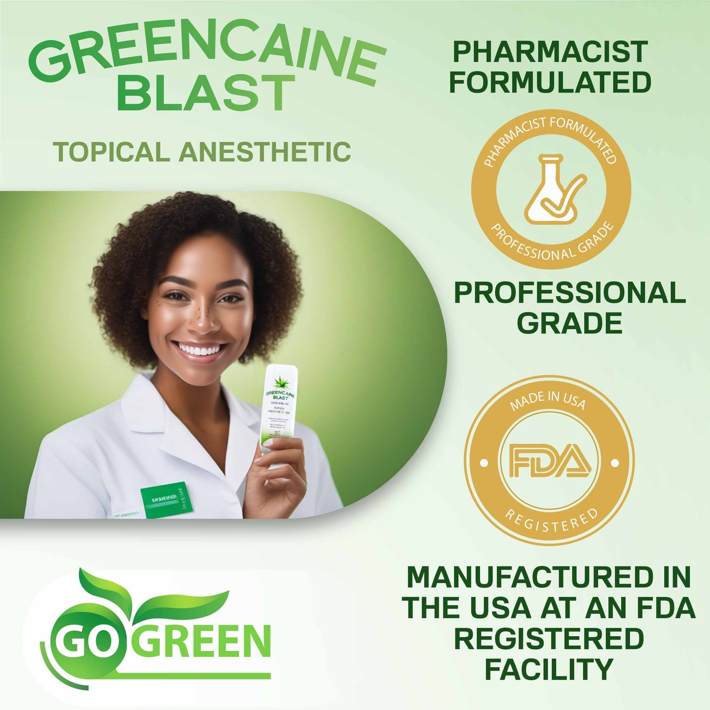 GREENCAINE® BLAST Numbing Cream Professional Grade Topical Anesthetic Lidocaine 4% gel, OTC drug for the temporary relief of pain and itching of minor skin irritations, minor cuts, minor burns, scrapes or insect bites.