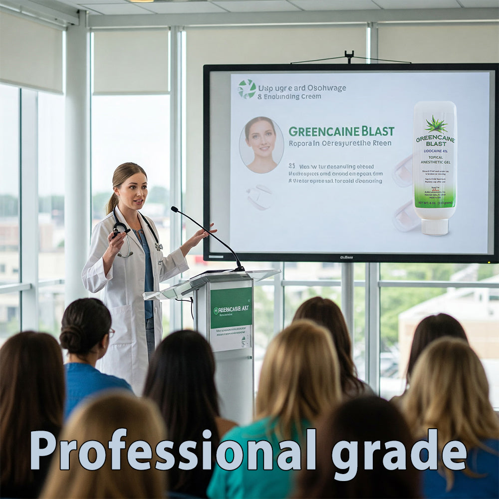 GREENCAINE® BLAST Numbing Cream Professional Grade Topical Anesthetic Lidocaine 4% gel, OTC drug for the temporary relief of pain and itching of minor skin irritations, minor cuts, minor burns, scrapes or insect bites.