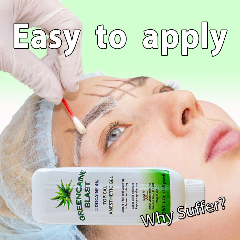 GREENCAINE® BLAST Numbing Cream Professional Grade Topical Anesthetic Lidocaine 4% gel, OTC drug for the temporary relief of pain and itching of minor skin irritations, minor cuts, minor burns, scrapes or insect bites.