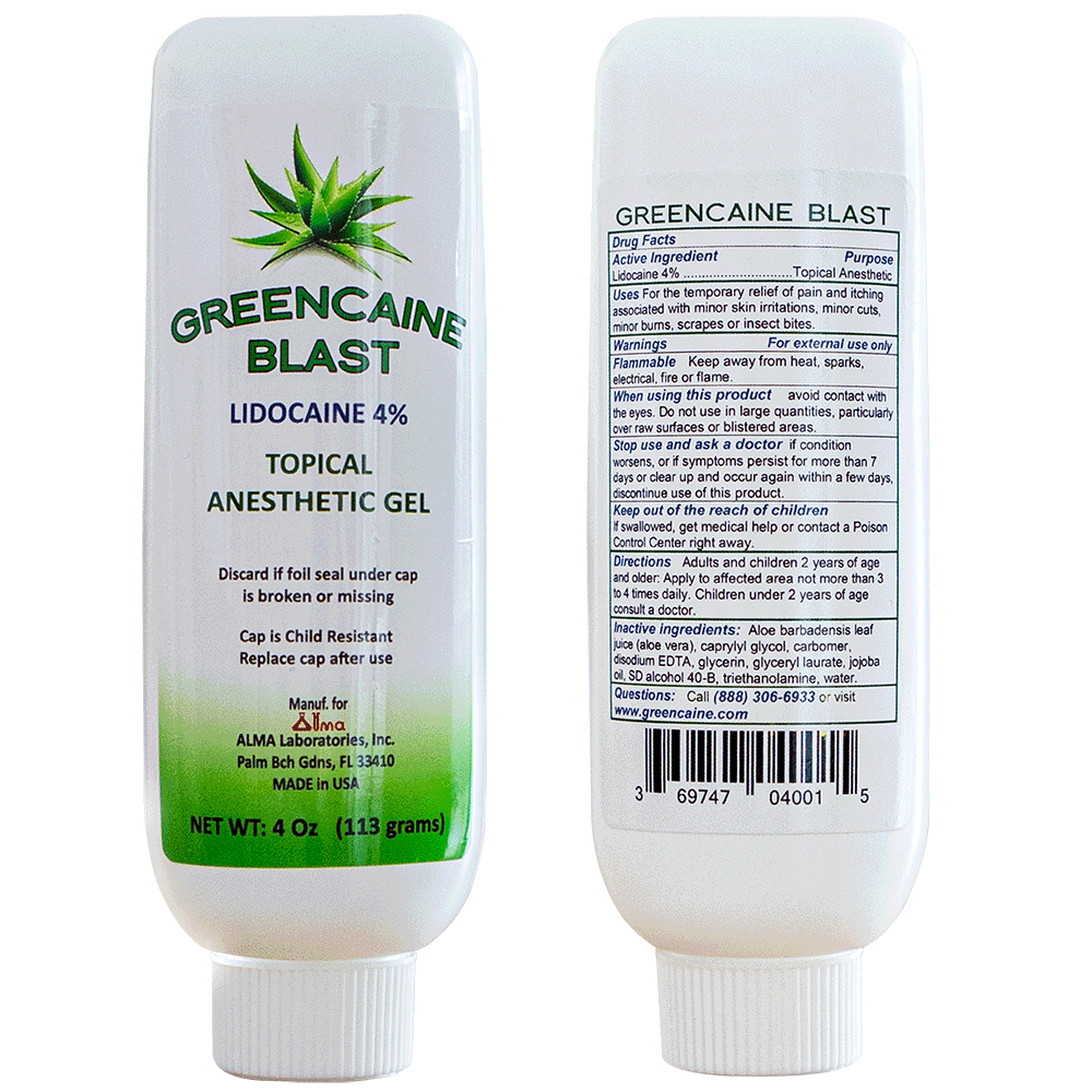 GREENCAINE® BLAST Numbing Cream Professional Grade Topical Anesthetic Lidocaine 4% gel, OTC drug for the temporary relief of pain and itching of minor skin irritations, minor cuts, minor burns, scrapes or insect bites.