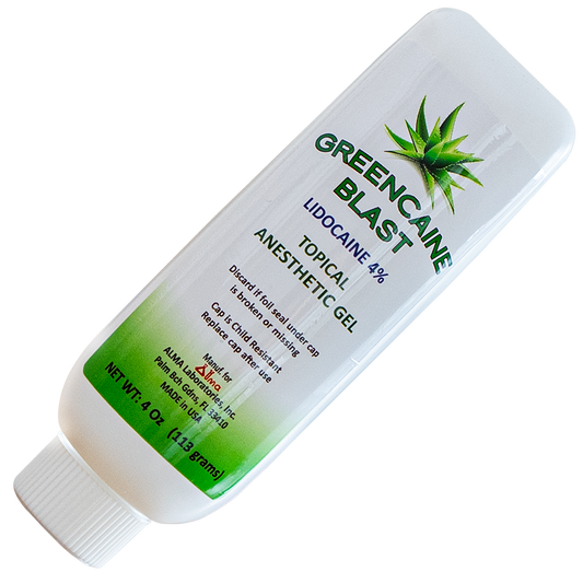 GREENCAINE™ BLAST numbing cream professional grade topical anesthetic lidocaine gel, for the temporary relief of pain and itching, associated with minor skin irritations, minor cuts, minor burns, scrapes or insect bites.