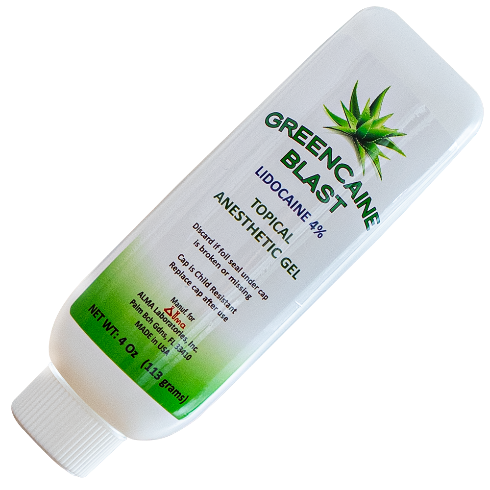 GREENCAINE™ BLAST numbing cream professional grade topical anesthetic lidocaine 4% gel, for the temporary relief of pain and itching, associated with minor skin irritations, minor cuts, minor burns, scrapes or insect bites.